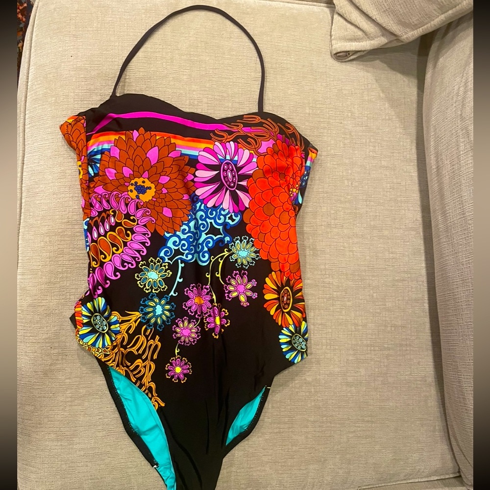 Trina Turk Electric Reef Bandeau One Piece Bathing Suit, 4